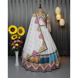Multicolor Embroidered Mirror Work Choli with White Lehenga