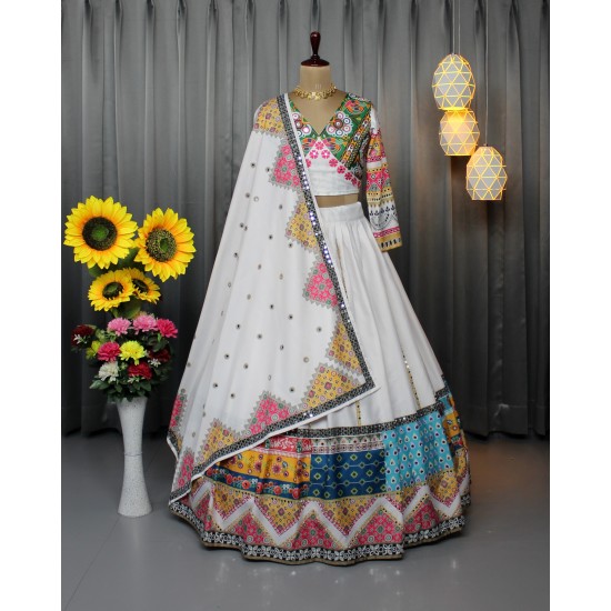 Multicolor Embroidered Mirror Work Choli with White Lehenga