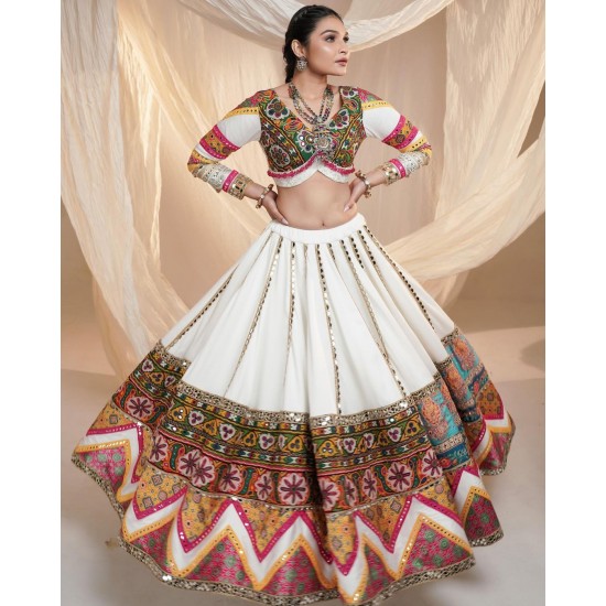 Multicolor Embroidered Mirror Work Choli with White Lehenga