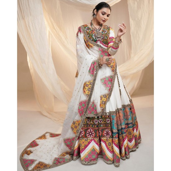 Multicolor Embroidered Mirror Work Choli with White Lehenga