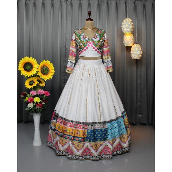 Multicolor Embroidered Mirror Work Choli with White Lehenga