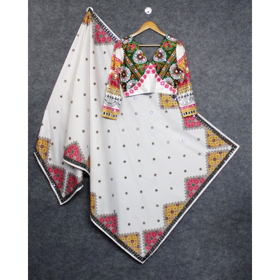 Multicolor Embroidered Mirror Work Choli with White Lehenga