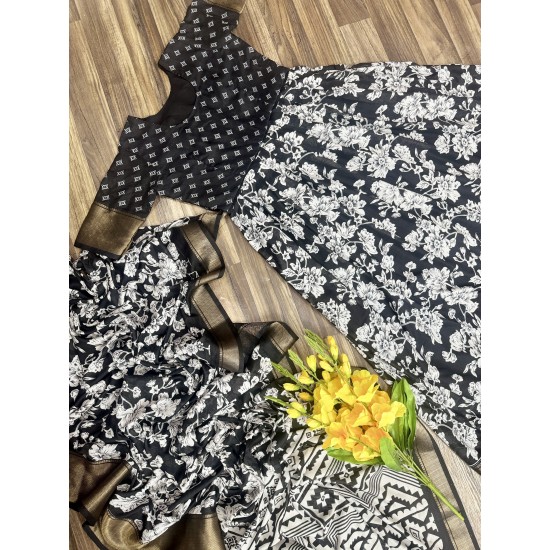 Elegant Black Cotton Printed Gown Saree with Jacquard Border