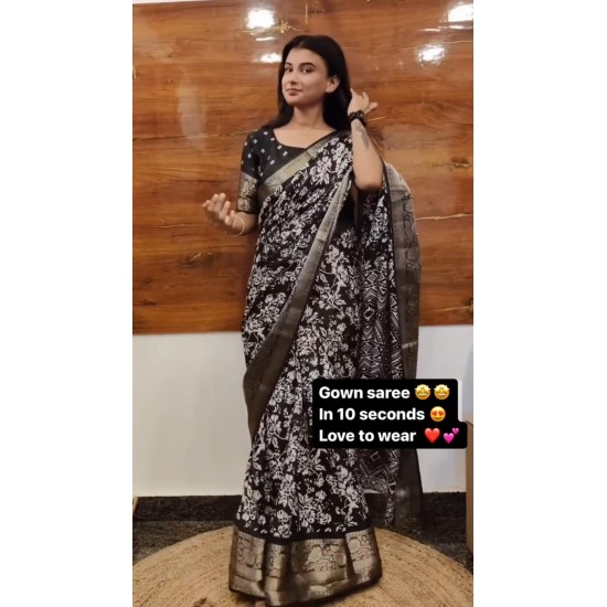 Elegant Black Cotton Printed Gown Saree with Jacquard Border