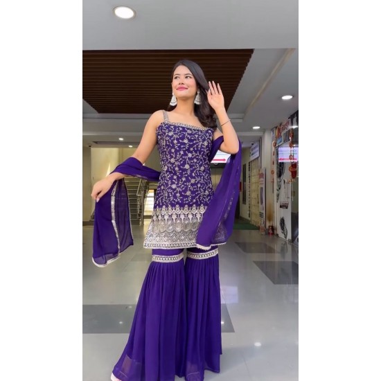  Royal Purple Embroidered Sharara Suit Set