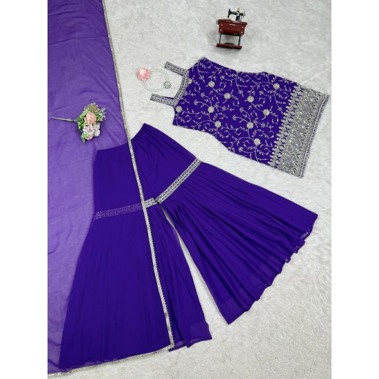  Royal Purple Embroidered Sharara Suit Set