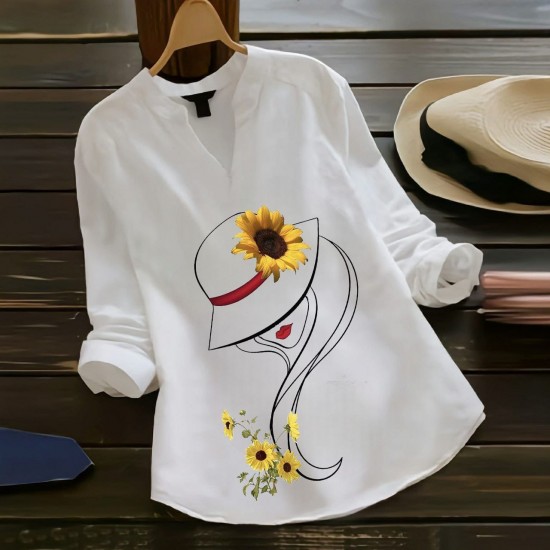 Sunflower Chic Graphic Shirt – White Elegance